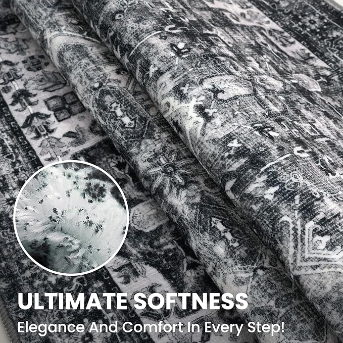 2x8 Washable Runner Rug for Hallways, Moss Charcoal Soft Neutral Vintage Printed Runner with Non-Slip, Non-Shedding Boho Rug for Bedroom Kitchen Porch Laundry Bedroom