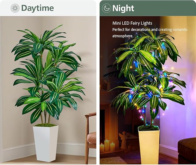 Artificial Dracaena Plant 5FT - Fake Tree with Tall Planter and Fairy Lights, Artificial Trees Faux Yucca Plants Indoor, Fake Plants for Home Office Living Room Decor Christmas