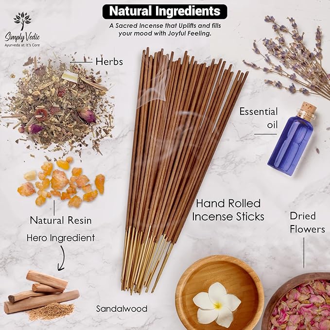Simply Vedic Sandalwood Incense Sticks 250g (Approx. 135 Handmade Sticks) with Free Holder | 45 Min Burn | Natural Charcoal-Free Agarbatti for Meditation, Yoga, Aromatherapy, Relaxation