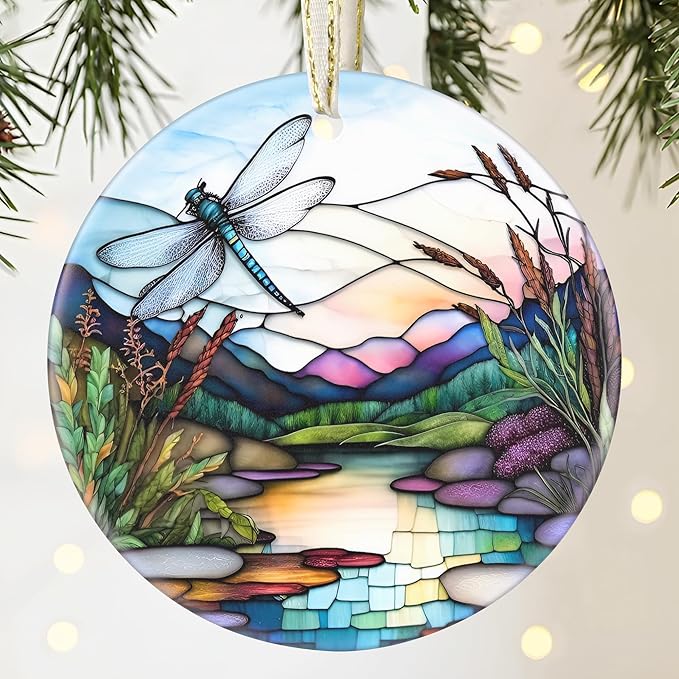 Touber Dragonfly Christmas Ornament, 3.5 Inch Ceramic, Sophisticated Style, Hanging Christmas Tree Decor, Gift Idea