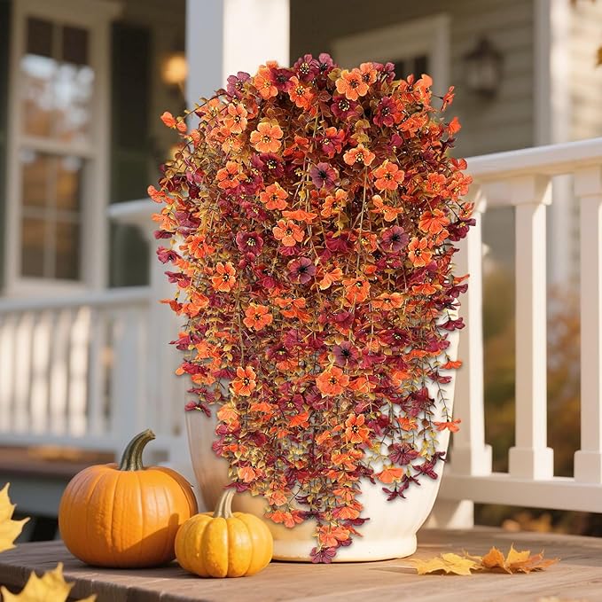 Fall Decor Artificial Flowers for Outdoor Decoration, 4Pcs Fake Hanging Flowers Mums Silk UV & Fading Resistant, Artificial Faux Plants for Home Patio Yard Garden Farmhouse Halloween