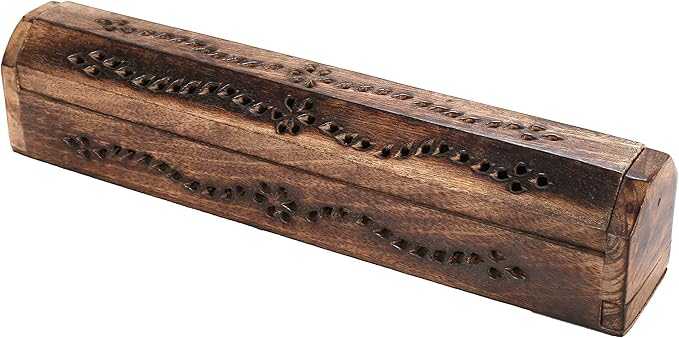 The Wooden Town 12" Hand-Carved Wooden Incense Burner – Gothic Coffin Design, Burnt Finish Ash Catcher for Sticks & Cones – Unique Spiritual & Meditation Gift, Boho Decor
