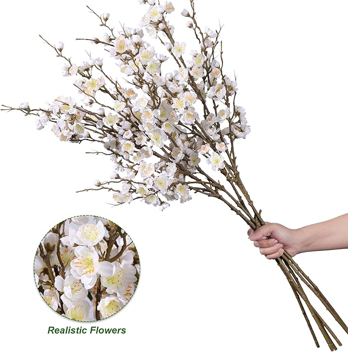 6 PCS Artificial Cherry Blossom Branches Spring Indoor Decoration, Faux Flowers 34.45" Long Stems Plum Fake Peach Plants Real Touch Silk for Wedding Home Bedroom Party Table Office, White