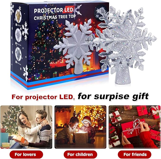 Christmas Tree Topper Lighted with White Snowflake Projector, LED Rotating Snowflake, 3D Glitter Lighted Sliver Snow Tree Topper for Christmas Tree Decorations
