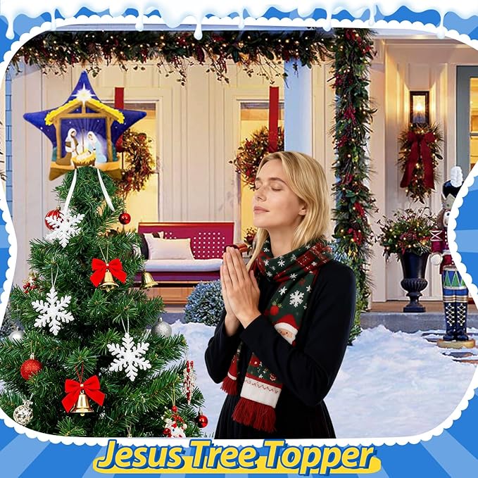 Eyourlife Jesus Nativity Tree Topper, 8 Inch Velvet Christmas Star Tree Topper with Tree Tie Straps Double-Layer Sponge Tree Decoration for Family Winter Holiday Party Supplies and Gifts