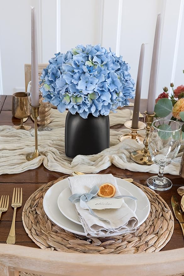 Briful Hydrangea Artificial Flowers Blue Silk Hydrangea Flowers in Deep Black Ceramic Vase Spring Flowers Arrangments Potted Fake Flowers for Home Decor Indoor Farmhouse Table Wedding Centrepiece