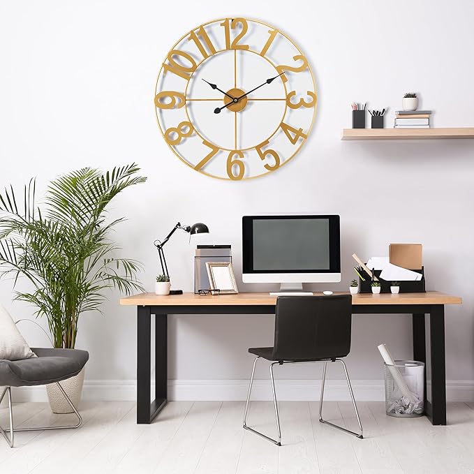 Sorbus 24-Inch Large Wall Clock – Decorative Gold Metal Clock with Black Hands – Silent, Battery Operated, Modern Wall Decor for Living Room, Kitchen, or Office – Great Gift for Housewarming or Office