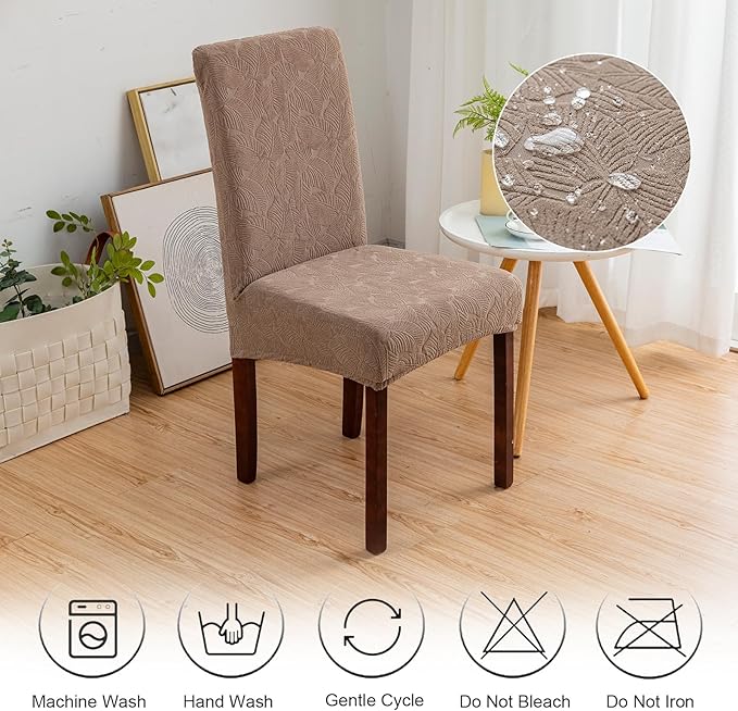 Genina 100% Waterproof Dining Room Chair Covers Set of 2 Stretch Kitchen Chair Covers Parsons Chair Slipcovers for Dining Room Chair Protector Cover, Removable, Washable (Leaf Pattern-Taupe)