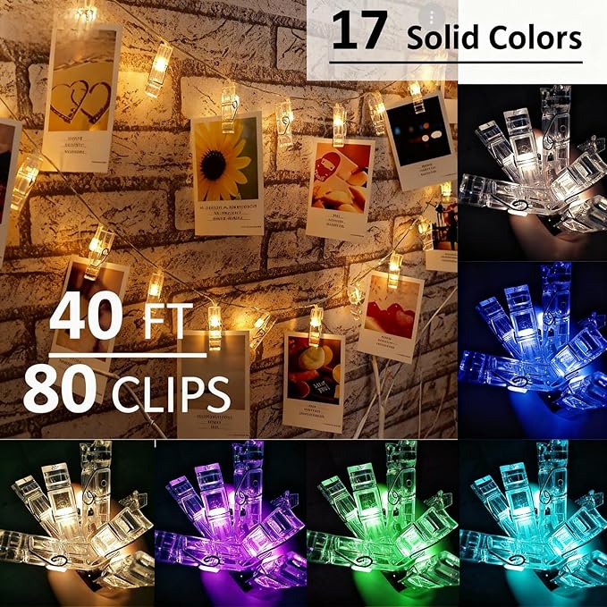 Solhice 40ft Photo Clips String Lights Color Changing 80 LEDs, RGB Hanging Pictures Wall Display Lights for Teenager Christmas Gift, Teen Girl Room Decor with USB Powered Remote Control,
