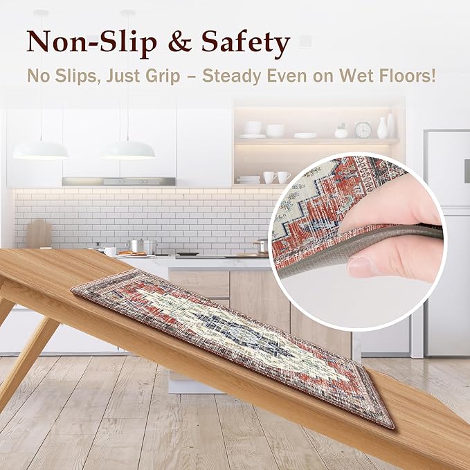 Boho Kitchen Mats for Floor 2 Piece Set Anti Fatigue Cushioned PVC Kitchen Rugs Non Slip Waterproof Farmhouse Mats 2/5 Inch Comfort Standing Mat for Sink, Laundry, 17.3"x59"+17.3"x28", Taupe Red