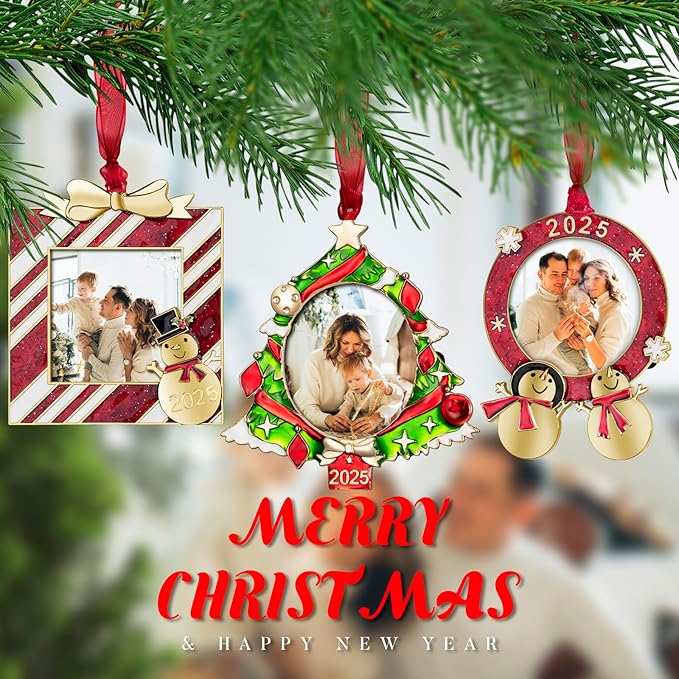 GUOER 3PCS Christmas Tree Ornaments Set Picture Frame Ornament Holiday Keepsake Gift Home Decor Christmas Decorations Xmas Gifts Pendant with 2” Photo Frame Insert (Golden Tree Set 2025)