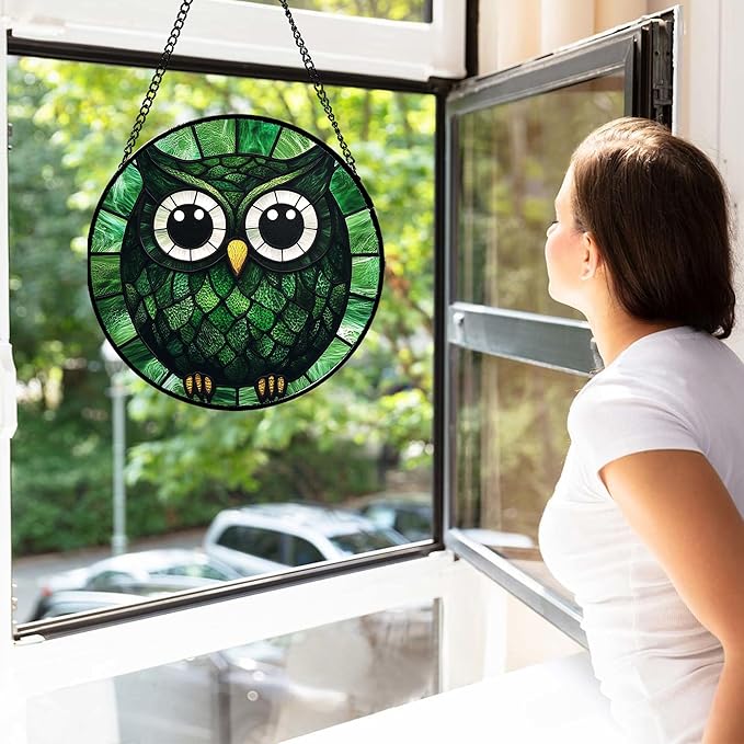 Stained Glass Window Hanging - Green Owl Suncatcher for Doors Garden Patio Funny Bird Sun Catchers Decor Christmas Mother's Day Birthday Teenager Gifts for Women Men Mom Nana Friend 11.8 in