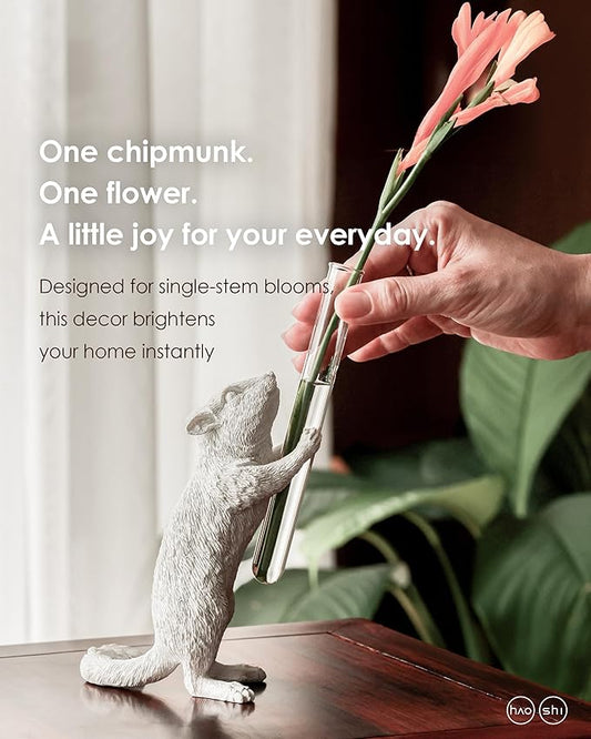 Whimsical Chipmunk Decorative Vase - Handcrafted Art Ｗith Realistic Charm, White Single Flower Vase for Modern Entryway Decor, Cute Table Decor for Living Room, Unique House Warming Gifts