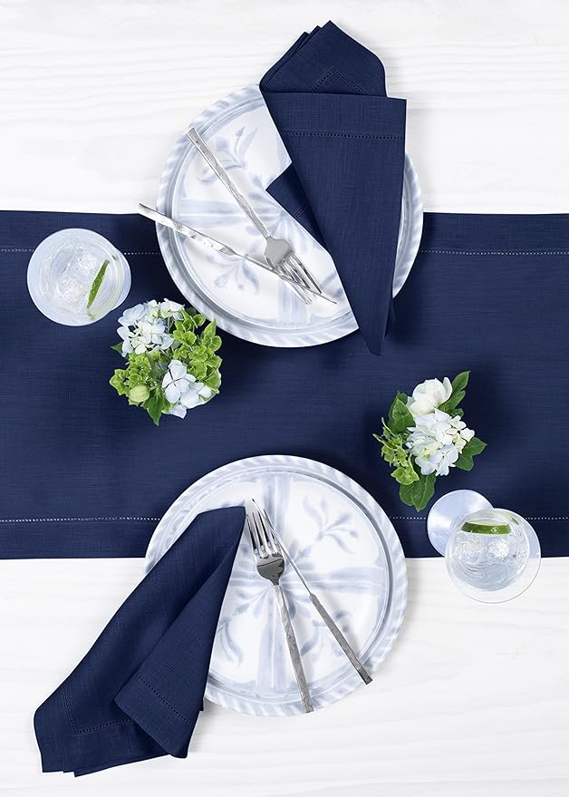 Solino Home Linen Navy Blue Table Runner 72 Inches Long - 100% Pure Linen Hemstitch Table Runner 14 x 72 Inch for Dresser, Dining, Winter, Easter - Classic Hemstitch