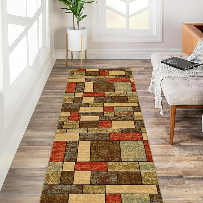 Kapaqua Custom Size Multicolor Stone Boxes Rubber Backed Non-Slip Hallway Stair Runner Rug Carpet 31 inch Wide Choose Your Length 31in X 4ft