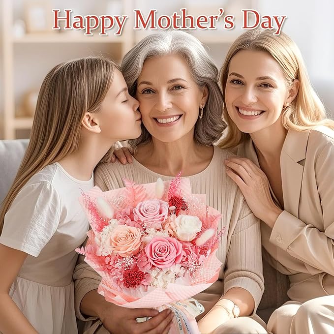 Preserved Flowers Bouquet 4 Roses - Pink Roses & Flowers for Delivery, Long-Lasting Real Roses Forever, Eternal Roses Bouquet for Mothers, Mom, Wife Anniversary Birthday Gifts for Women