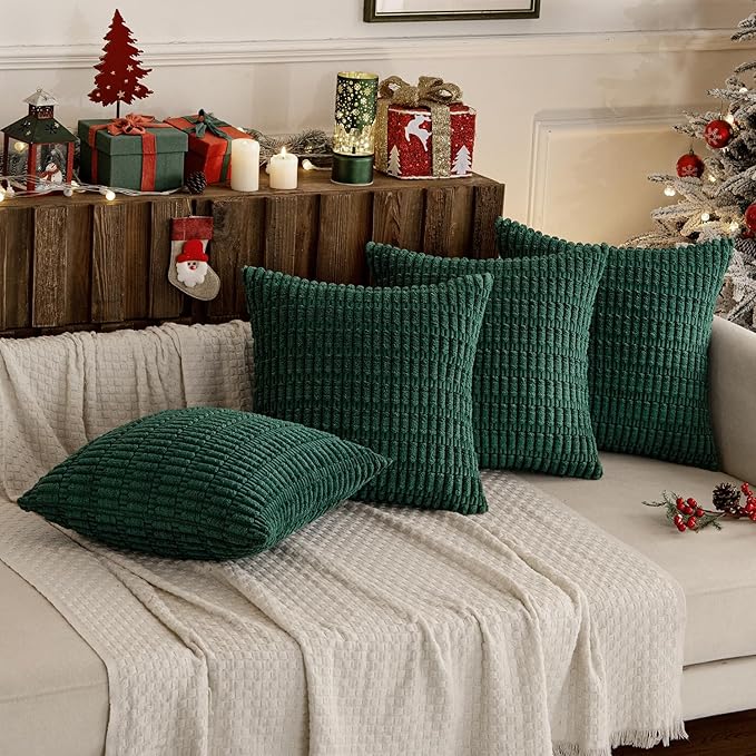 MIULEE Pack of 4 Christmas Dark Green Corduroy Decorative Throw Pillow Covers 18x18 Inch Soft Boho Striped Pillow Covers Modern Farmhouse Home Decor for Sofa Living Room Couch Bed