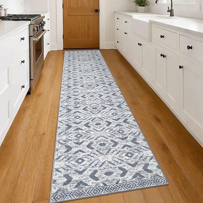 KILOCOCO Hallway Runner Rug 2.6'x14' Washable Printed Moroccan Runner Rugs Non Slip Entryway Rugs Soft Indoor Long Floor Rug for Bedroom Kitchen Living Room Geometric Boho Carpet Runners, Grey White