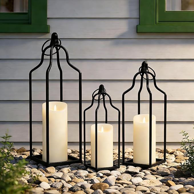 Rustic Farmhouse Decor Metal Lantern Set of 3 Decorative Lanterns for Home Indoor Outdoor Living Room, Fireplace, Patio, Wedding & Kitchen Table Centerpieces (Black, 16.9"+14.5"+12.2")