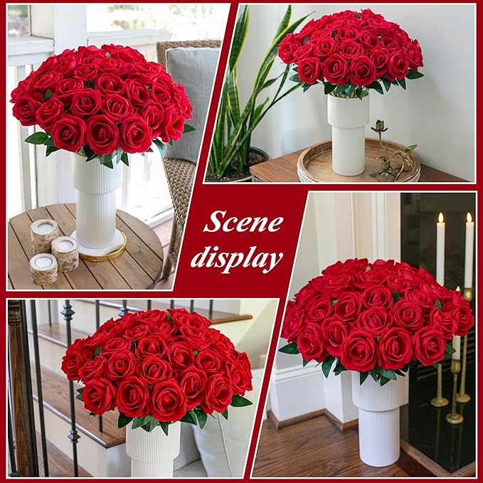 HyeFlora 50 PCS Red Roses Artificial Flowers, Fake Roses with Stems Realistic Silk Roses for DIY Wedding Bouquets Tables Centerpieces Arrangements Party Baby Shower Birthday Home Decor Gift for Her