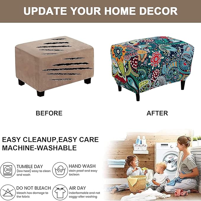 Eco-Ancheng Ottoman Cover Stretch Rectangle Footrest Stool Covers Storage Ottoman Slipcover Ottoman Bench Covers Slip Cover for Foot Stool Footstool Protector with Nonslip Elastic Bottom (02,X-Large)