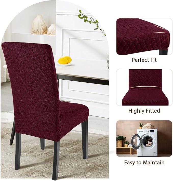 SearchI Dining Room Chair Covers Set of 4, Stretch Jacquard Parsons Chair Slipcovers Super Fit Removable Washable Kitchen Chair Protector Cover for Dining Room, Hotel, Ceremony (Wine Red)