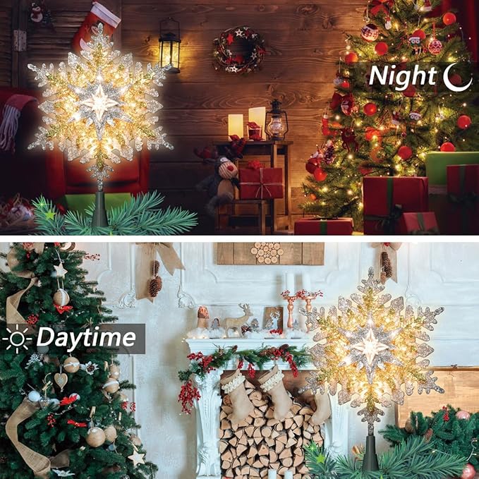 LAMPHOME 10" 20L Lighted Gold/Silver Stacked Snowflake Tree Topper, Lighted Snowflake Tree Topper, Silver and Gold Warm White