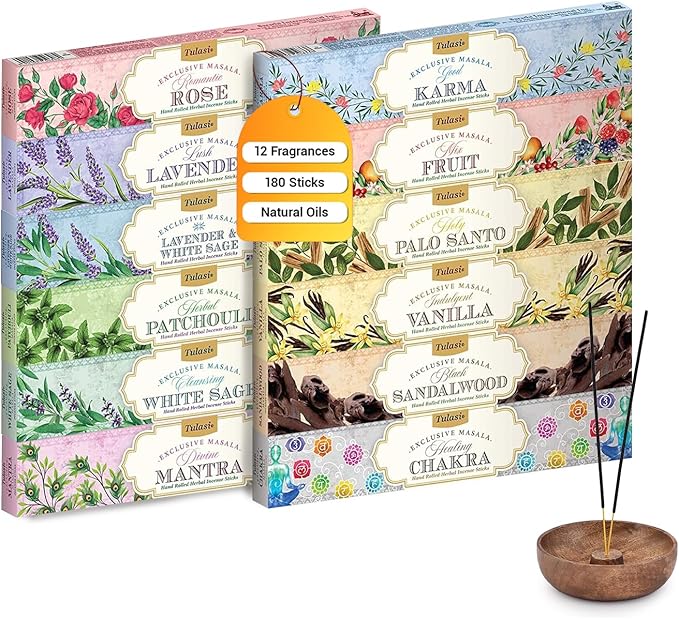 Tulasi Natural Incense Sticks Assorted/Variety Pack – 180 Hand-Rolled Sticks, 12 Fragrances | Lavender, White Sage, Sandalwood, Palo Santo, Rose | Aromatherapy & Meditation