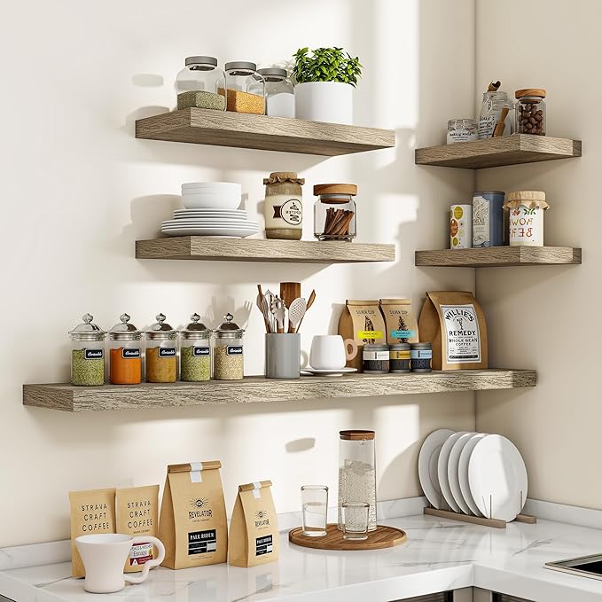 16 Inch Floating Shelves, 3D Textured Wood Grain, 16"x9.25"x1.5" Inch Deep Floating Shelves for Wall, Wooden Shelves for Bathroom, Bedroom, Living Room, Vintage Gray Oak, 2 Pieces