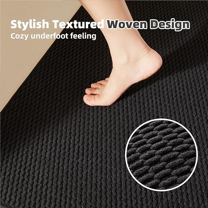 Black Bathroom Rugs Non Slip Washable, Super Absorbent Thin Bath Mat Quick Dry Low Pile Bathroom Rug, Black 24''x36''