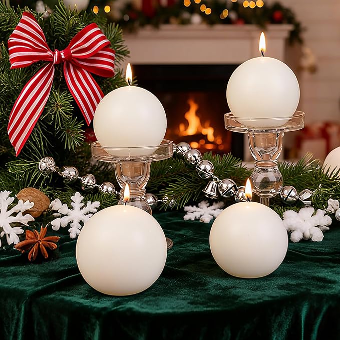 3 Inch White Round Ball Candles,Elegant Round Pillar Candles,Hand-Poured Natural Soy Candle,26 H Long Burning Time-Dripless Smokeless Candles Dinner Table,for Wedding,Christmas Home Decor 4 Pack