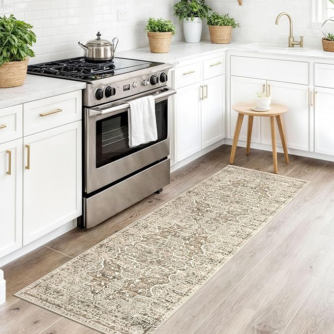 KUTA Runners for Hallways 2x6 Beige Brown, Vintage Floral Kitchen Rugs Non-Slip Washable Runner Ultra Soft Printed Retro Distressed Entryway Carpet for Bedroom Laundry Nursery