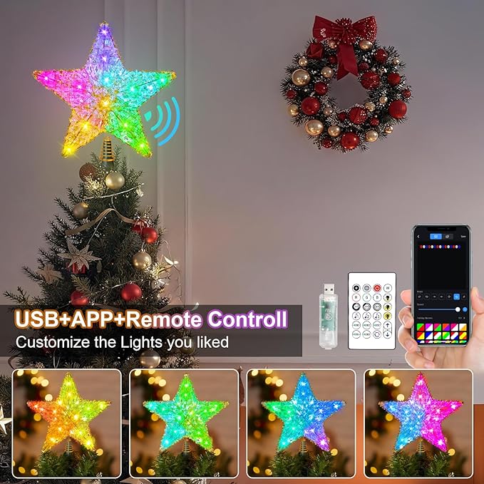 Christmas Tree Star Topper, LED Tree Decorations, UL Certified Colorful Star Tree Topper Lights for Home Garden USB Plug in Xmas Tree New Year Holiday, APP and Remote Control, DIY Dimmer(Gold)