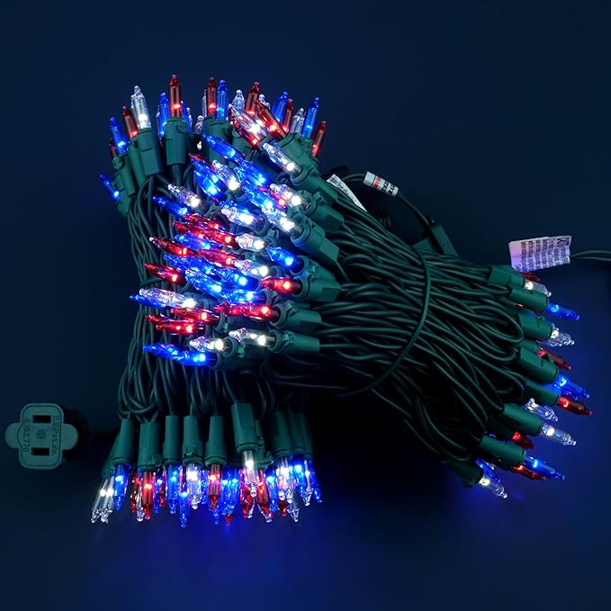 200 Red, White & Blue Christmas Lights, Pack of 2 Strands 100 Count 33 ft Green Wire Incandescent-Style LED String Light (Red, White & Blue)