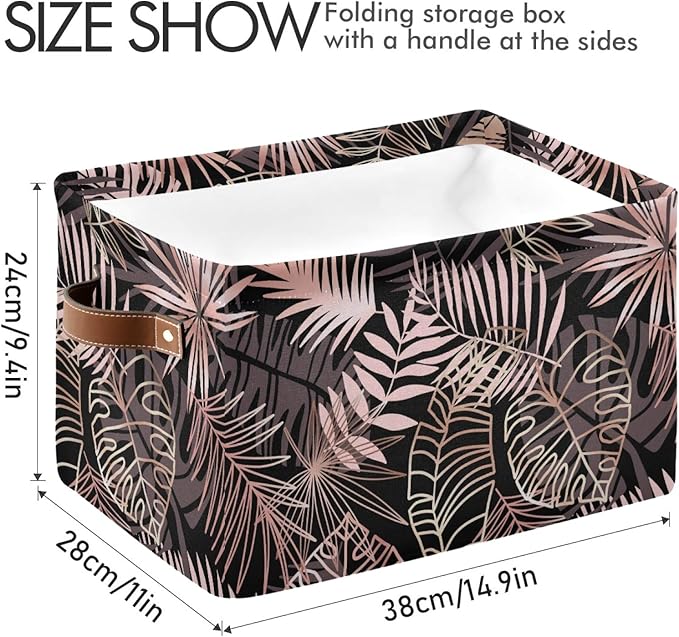 susiyo Large Foldable Storage Bin Rose Gold Palm Leaves Fabric Storage Baskets Collapsible Decorative Baskets Organizing Basket Bin with PU Handles for Shelves Home Closet Bedroom Living Room-2Pack