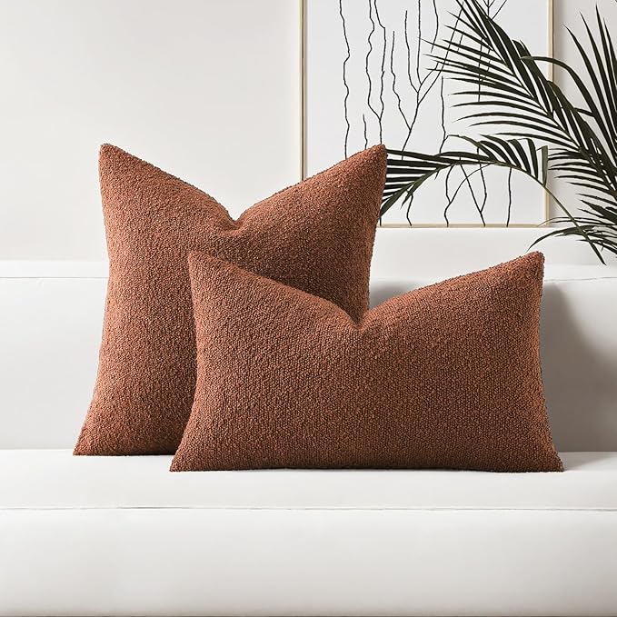 HAUSSY Set of 2 22x22 Decorative Throw Pillow Covers, Soft Cozy Textured Boucle Couch Cases, Home Decor for Couch Bed Living Room, Rust