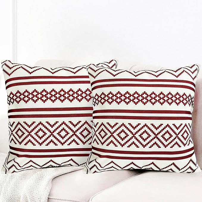 Decorative Throw Pillow Covers Set of 2 Wine Red Boho Pillow Covers 16x16 Inch Throw Pillow Cover Linen Pillowcase Modern Farmhouse Outdoor Pillow Covers for Couch Sofa Bed Living Room