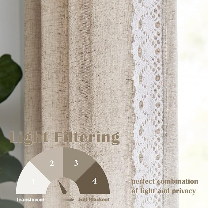 jinchan Linen Curtains for Living Room Bedroom Light Filtering Semi Sheer Curtains Boho Farmhouse French Country Cottage Core Decor Window Drapes Back Tab 84 Inch Length Laced Taupe