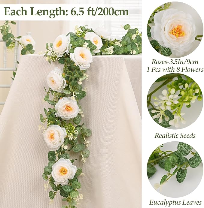 Dolicer 4Pcs 26Ft Artificial Eucalyptus Garlands with Flowers, Faux Floral Greenery Garlands Fake Flowers Vines for Wedding Table Centerpieces Arch Party Ceremony Backdrop Decor (White)