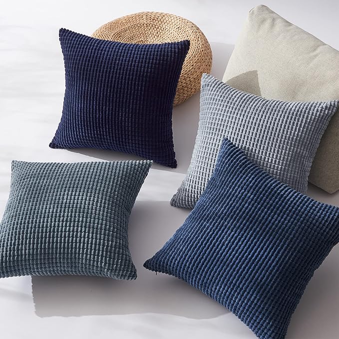 Topfinel Summer Throw Pillow Covers 20x20 Inch Set of 4,Blue Corduroy Decorative Cushion Cover,Modern Unique Pillow for Couch,Sofa,Living Room,Dark Blue Big European Pillow Shams