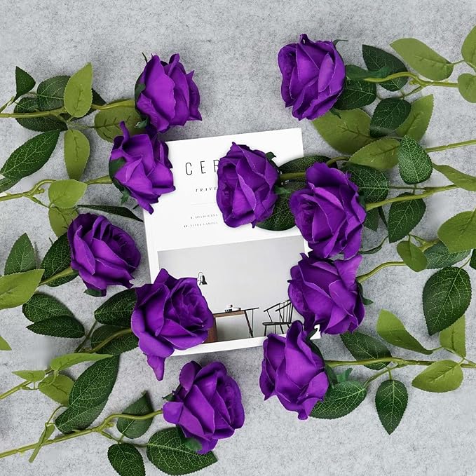 Flojery 10pcs Purple Silk Roses Artificial Rose Flowers Long Stem for DIY Wedding Bouquet Table Centerpiece Home Décor