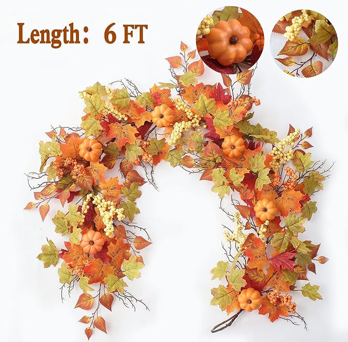 MIZII Fall Decor Artificial Maple Leaf Pumpkin Garland 6FT Fake Autumn Vines Garland Thanksgiving Halloween Harvest Decorations for Porch Mantle Table Centerpieces Fireplace Farmhouse (Yellow PK)