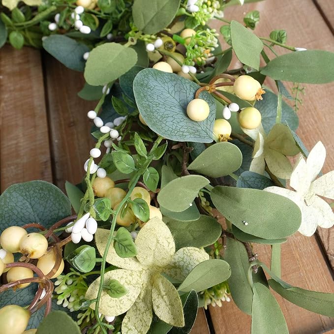 Bibelot 22Inch Artificial Eucalyptus Berry Wreath Green Leaf Eucalyptus Wreaths Spring Summer Wreath for Front Door Window Hanging Wall Party Decorations (22in)