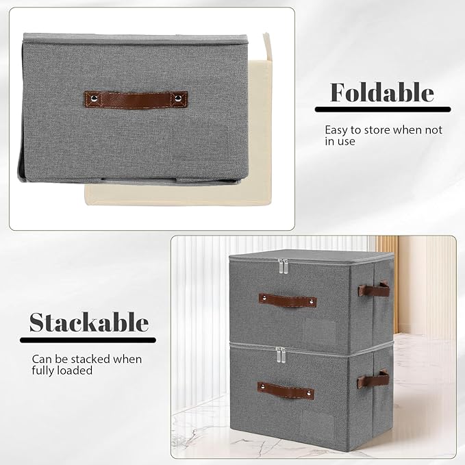 ANMINY 3PCS Storage Bins with Zipper Lid Storage Boxes with Label Holder PU Leather Handles Washable Foldable Decorative Lidded Cotton Linen Fabric Cubes Baskets Closet Organizer - Gray, Small