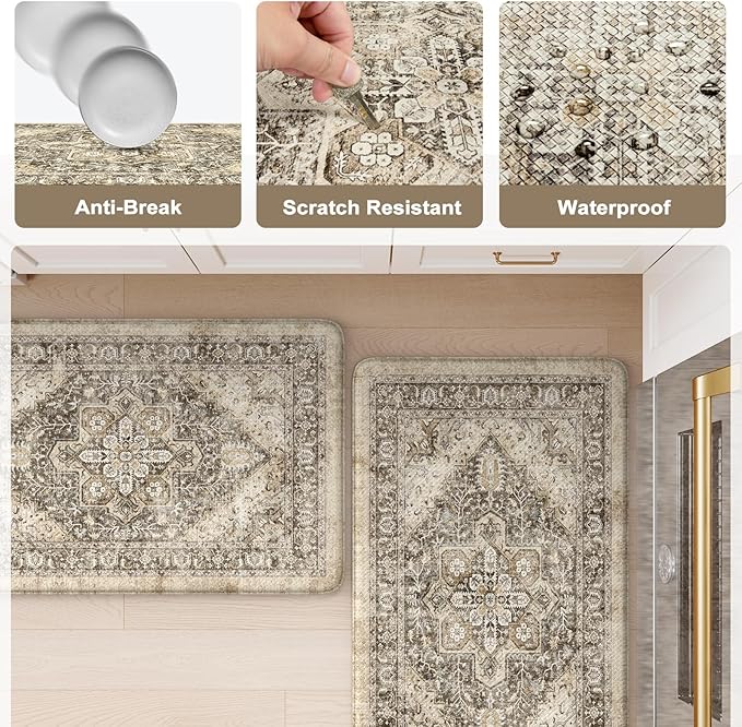 KIMODE Anti Fatigue Kitchen Mats, Boho Distressed Kitchen Floor Mats 20"x59"+20"x32", Non Slip Waterproof Kitchen Rugs, Padded Comfort Standing Mats for Laundry Office Sink Desk Brown