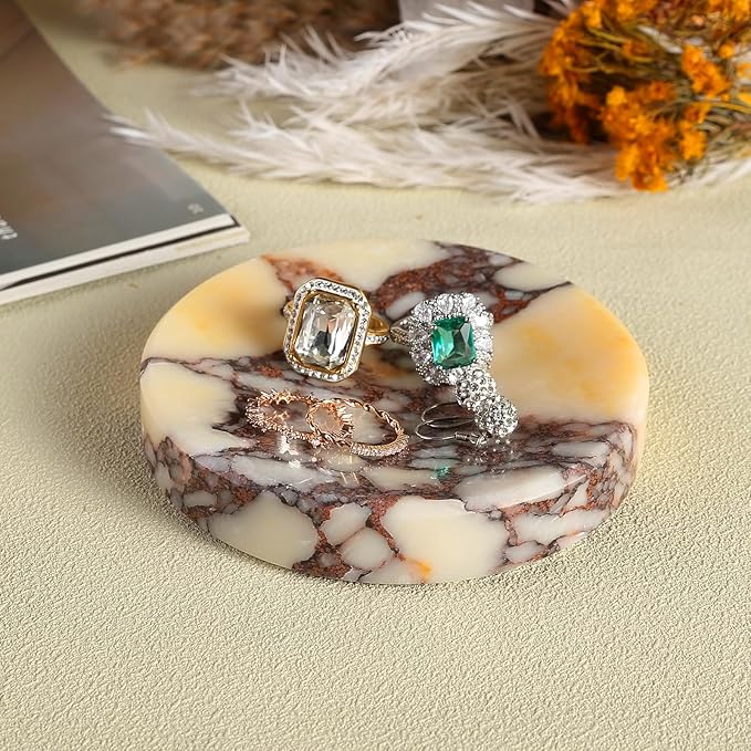 Koville Luxury Italy Calacatta Viola Marble Jewelry Dish, Small Round Trinket Dish for Ring Necklace Earring, 4" Decorative Tray, Aesthetic Home Table Marble Decor