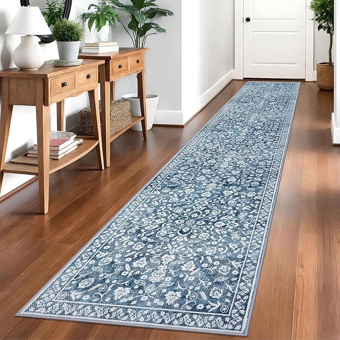 Vintage 2.6x14 Hallway Runner, Blue and White Washable Non-Slip Long Hallway Carpet, Super Soft Kitchen Runner, Print Faux Wool Floral Thin Carpet for Entryway