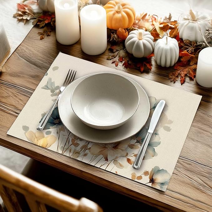 Double Side Set of 4 Watercolor Floral Fall Placemats Seasonal Autumn Harvest Table Mats for Indoor Outdoor Home Party Dining Decor Farmhouse Burlap Table Mats 12x18 Inch #WP022