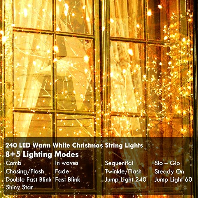 240LED 88Ft Connectable String Lights Indoor Outdoor Clear Wire | Warm White Christmas Lights | Twinkle Fairy Light Plug in with Timer for Bedroom Classroom Wedding Tree Patio Decor
