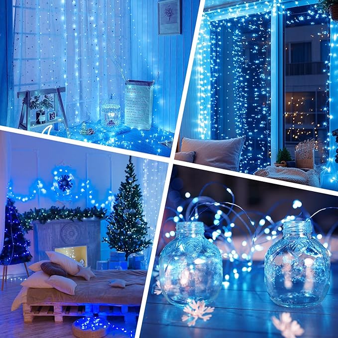 Lakumu 32FT(16 * 2) LED String Lights Battery Operated, Rechargeable Fairy Lights with Timer, Mini Twinkle Lights for Bedroom, Christmas, Wedding,Centerpiece Table Decor Blue